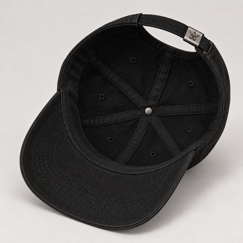 Casquette Classic Logo CROWNED BY CHAOS noire, vue intérieure avec finitions et coutures