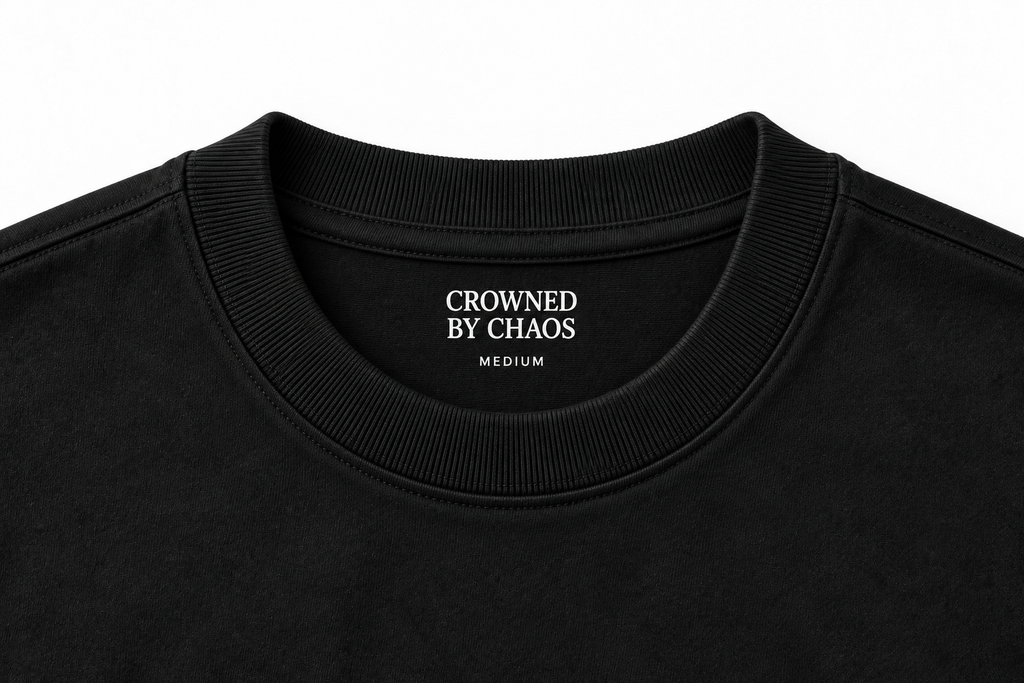 Détail du col côtelé et du marquage intérieur CROWNED BY CHAOS du T-shirt noir