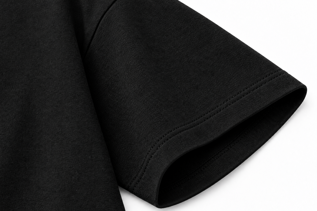 Détail du tissu épais et de la finition de manche du T-shirt CROWNED BY CHAOS noir