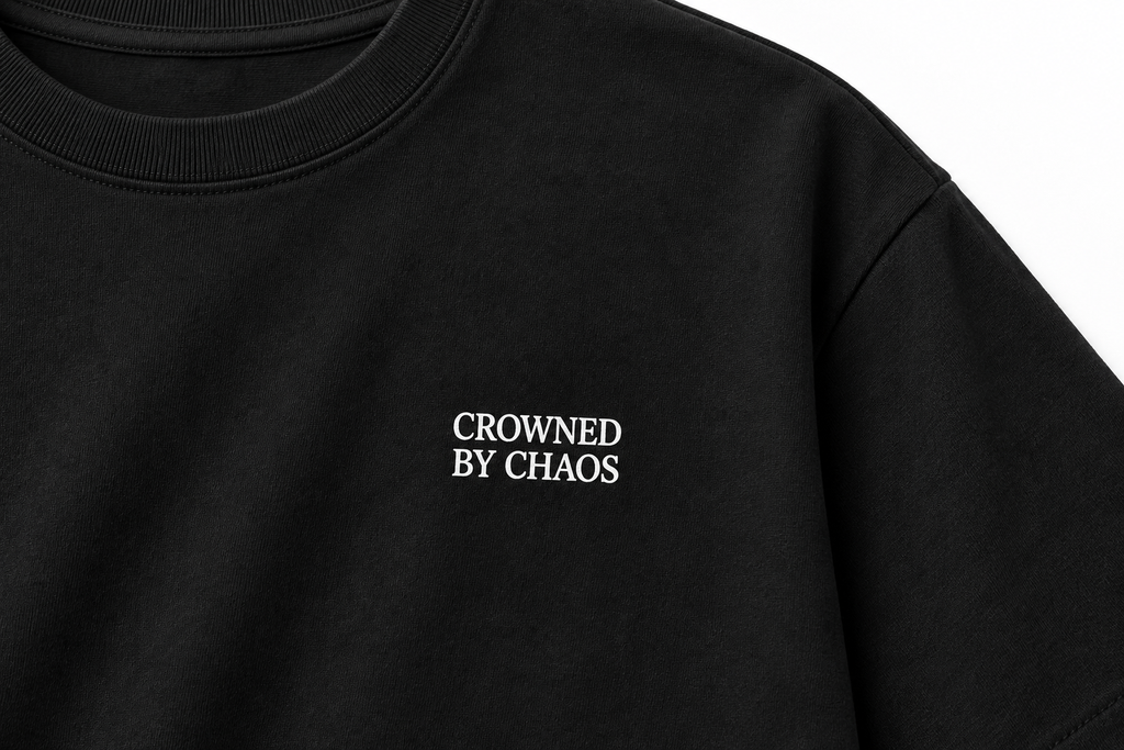 Détail du wordmark blanc CROWNED BY CHAOS sur le T-shirt noir