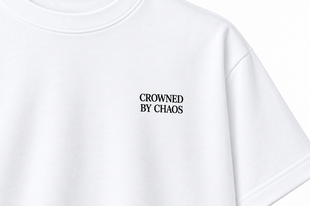 Détail du wordmark noir CROWNED BY CHAOS sur le T-shirt blanc pur