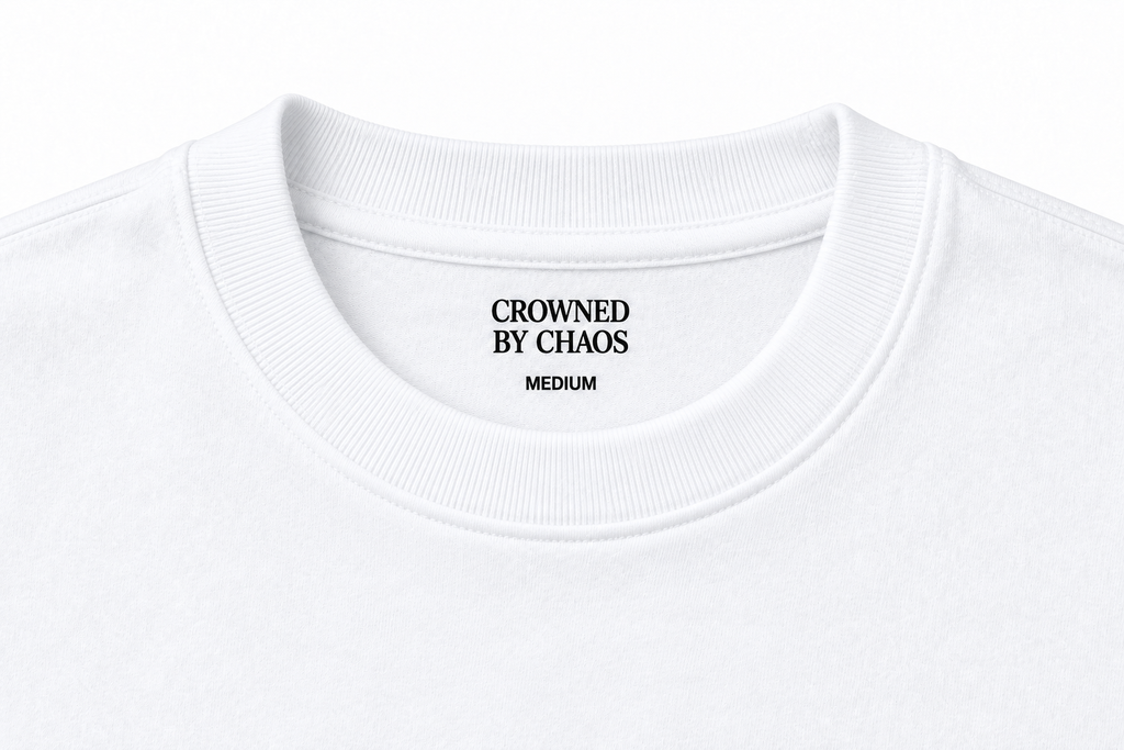 Détail du col côtelé et du marquage intérieur CROWNED BY CHAOS du T-shirt blanc pur