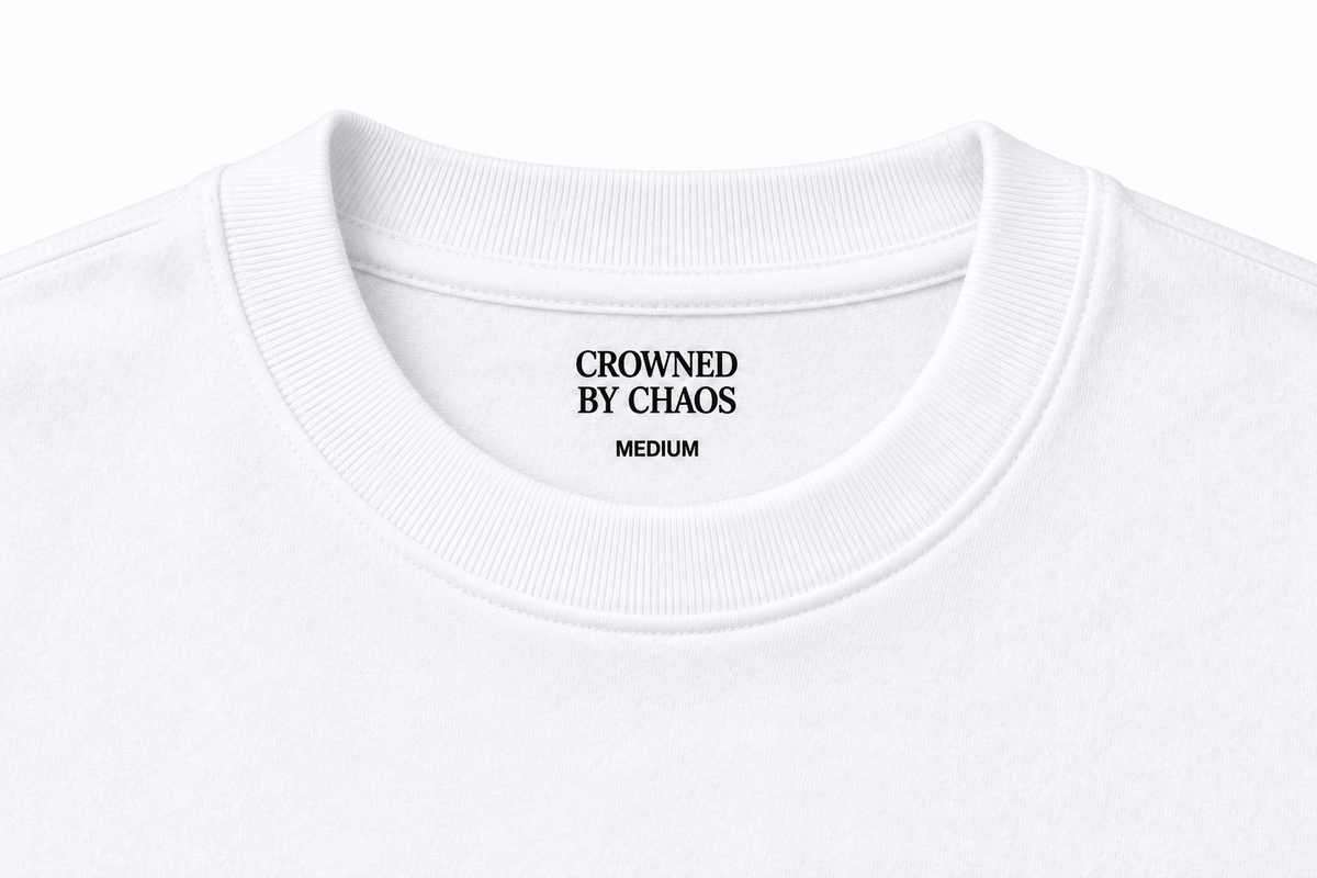 Détail du col côtelé et du marquage intérieur CROWNED BY CHAOS du T-shirt blanc pur