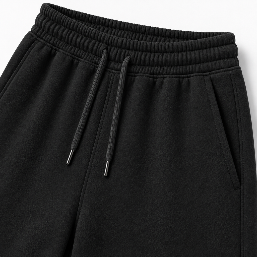 Détail de la taille élastiquée et du cordon du pantalon CROWNED BY CHAOS noir