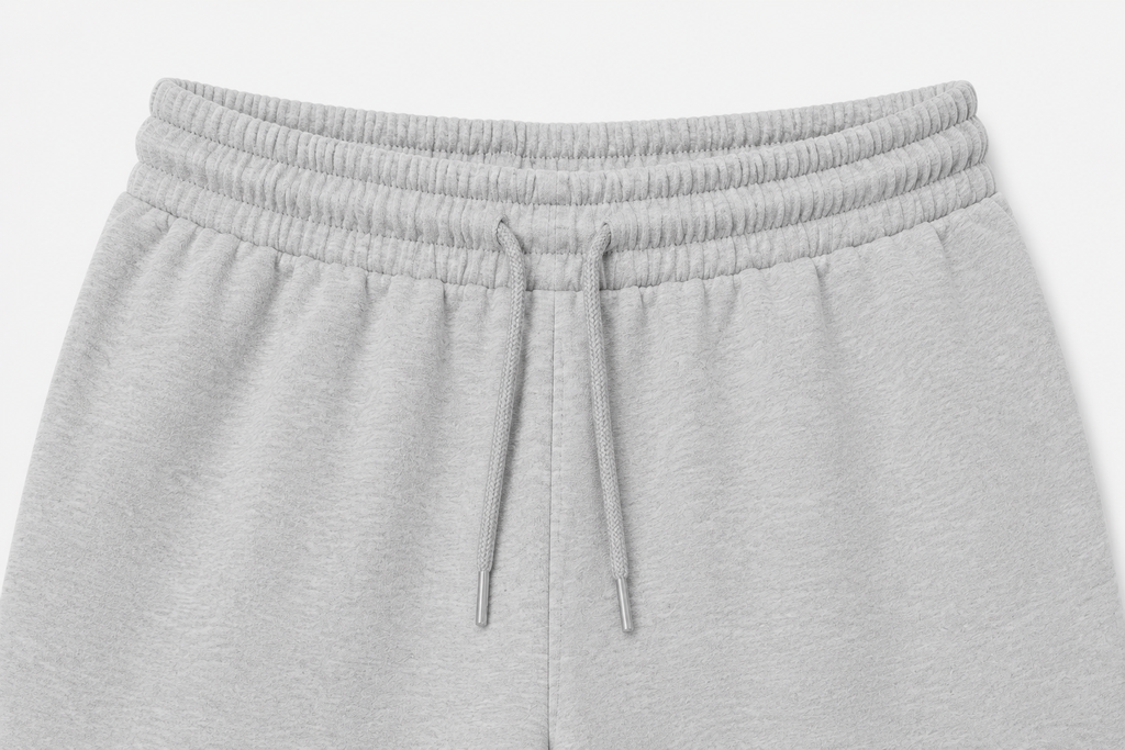 Détail de la taille élastiquée et du cordon du pantalon CROWNED BY CHAOS gris chiné