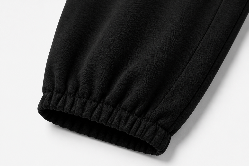 Détail des chevilles élastiquées du pantalon CROWNED BY CHAOS noir