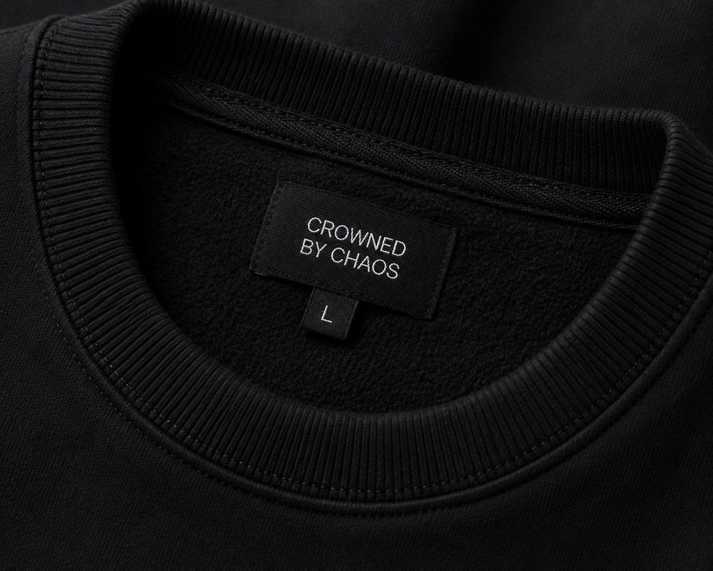 Détail du col côtelé et de l’étiquette CROWNED BY CHAOS du sweat-shirt noir