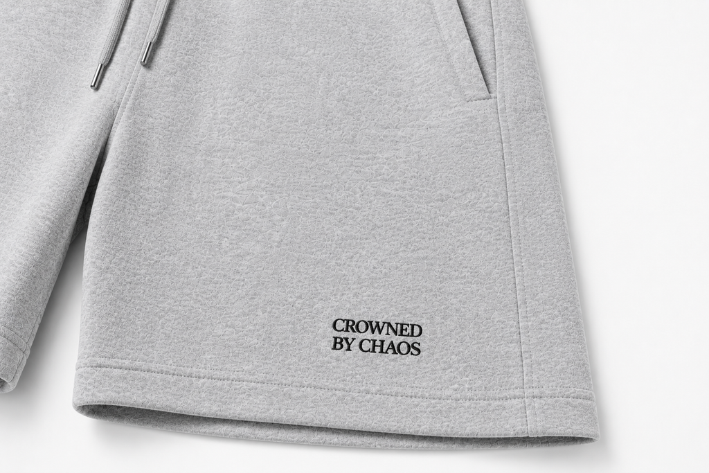 Détail du wordmark CROWNED BY CHAOS sur le short gris chiné
