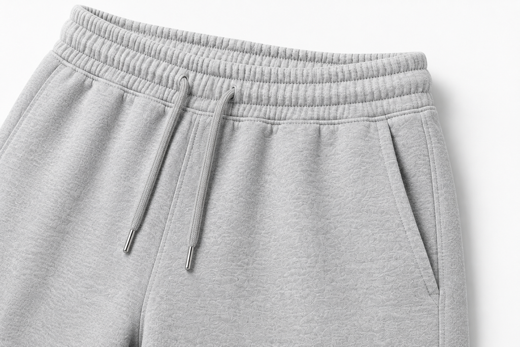 Détail de la taille élastiquée et du cordon du short CROWNED BY CHAOS gris chiné