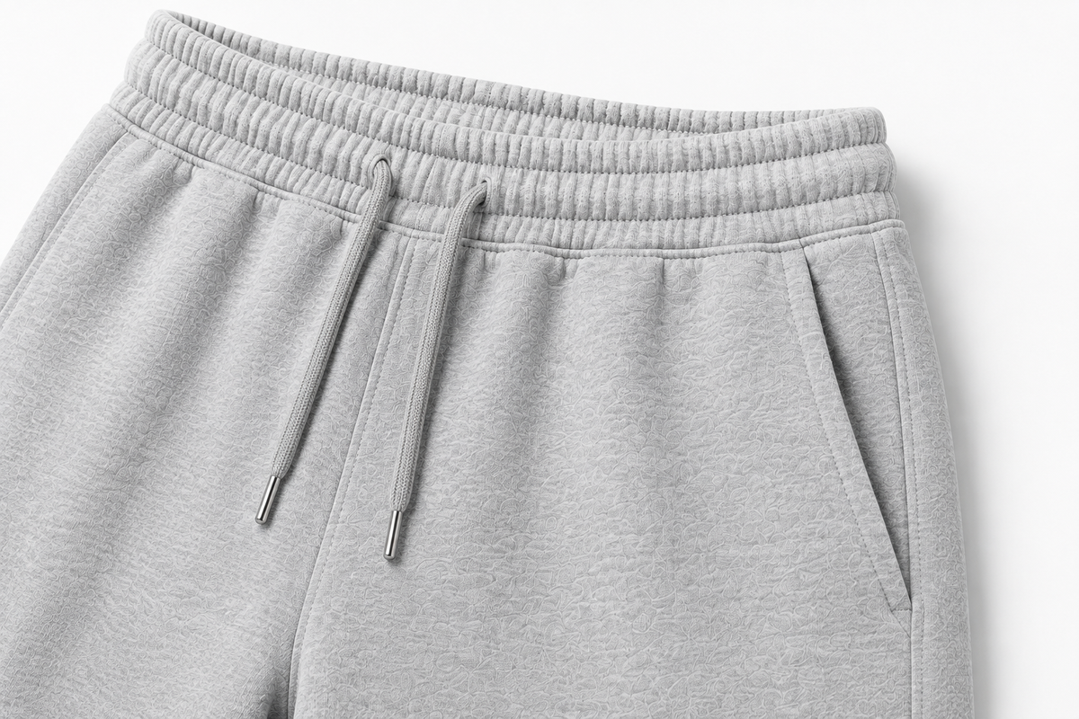 Détail de la taille élastiquée et du cordon du short CROWNED BY CHAOS gris chiné