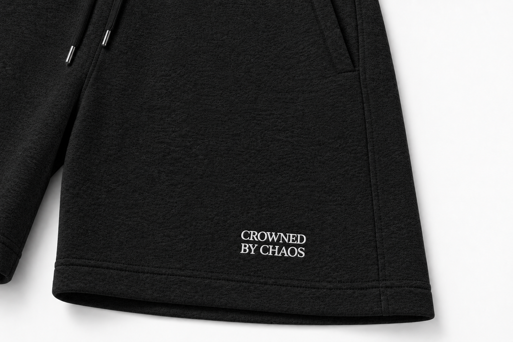 Détail du wordmark CROWNED BY CHAOS sur le short noir