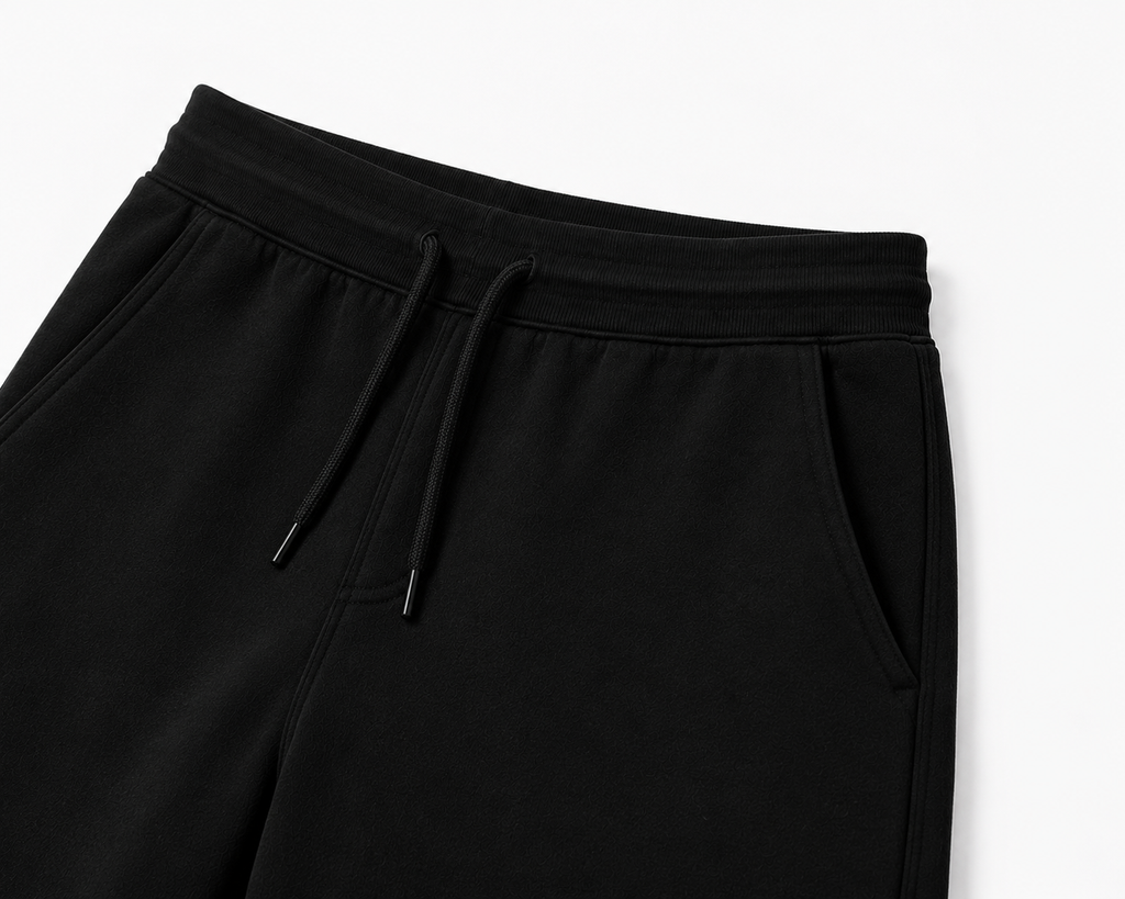 Détail de la taille élastiquée et du cordon du short CROWNED BY CHAOS noir